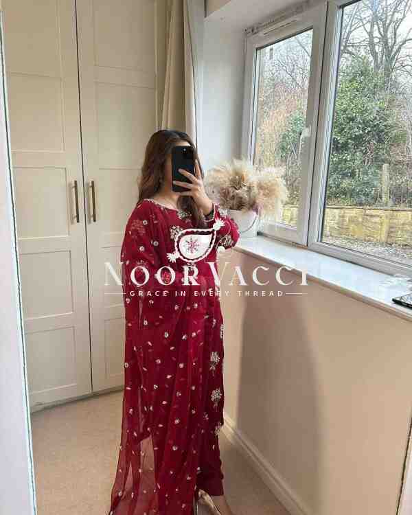 Elegant  Chinon Long Top, Pant & Dupatta Set with 5mm Sequence & Moti Latkan Work - Image 2