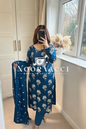 Shop Elegant  Chinon Long Top, Pant & Dupatta Set with 5mm Sequence & Moti Latkan Work