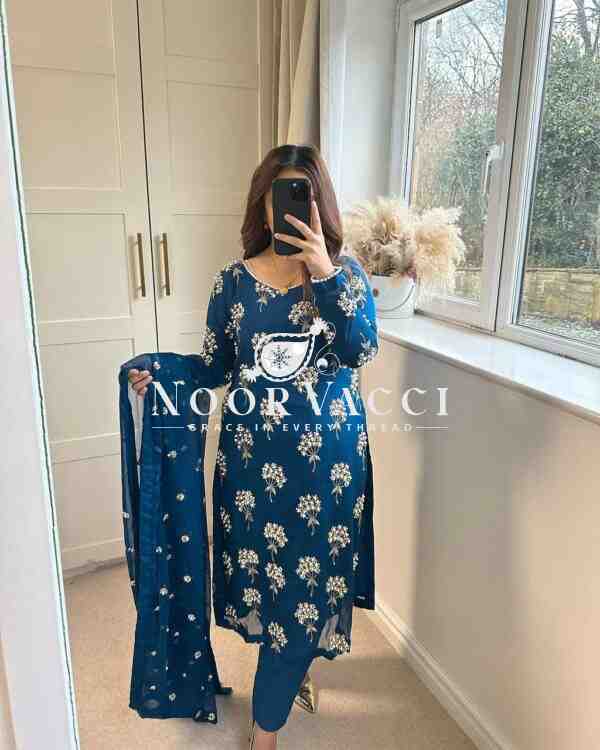 Elegant  Chinon Long Top, Pant & Dupatta Set with 5mm Sequence & Moti Latkan Work