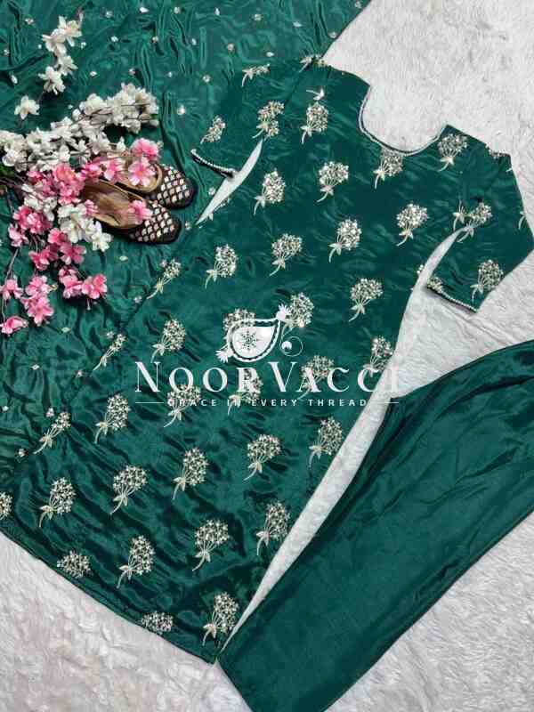 Elegant Chinon Long Top, Pant & Dupatta Set with 5mm Sequence & Moti Latkan Work - Image 2
