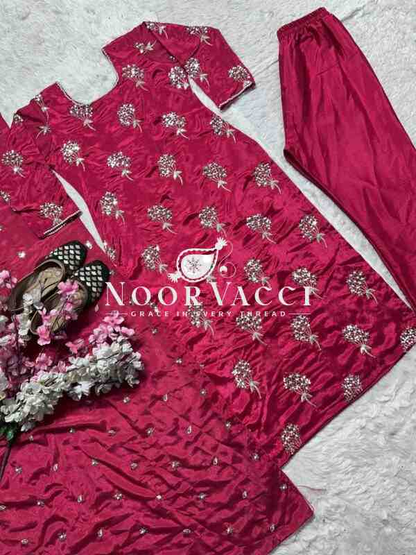 Elegant  Chinon Long Top, Pant & Dupatta Set with 5mm Sequence & Moti Latkan Work - Image 4