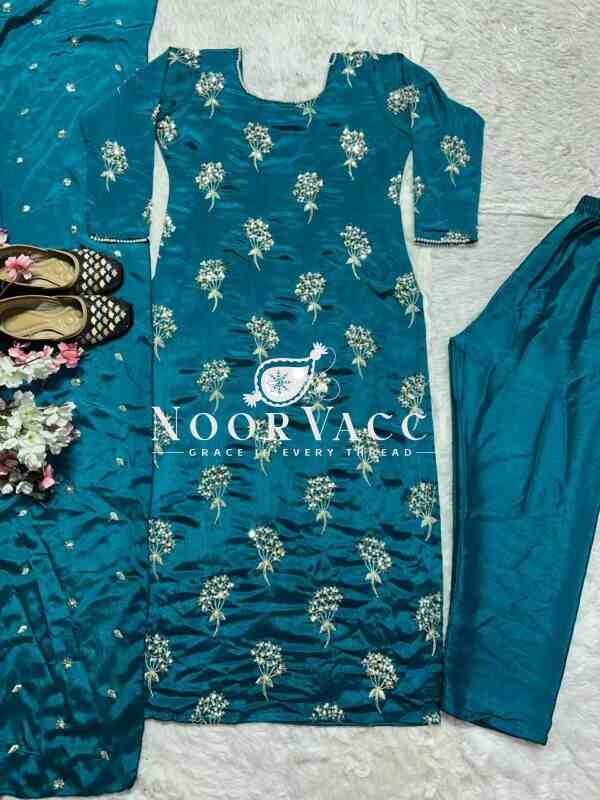 Elegant Chinon Long Top, Pant & Dupatta Set with 5mm Sequence & Moti Latkan Work - Image 3