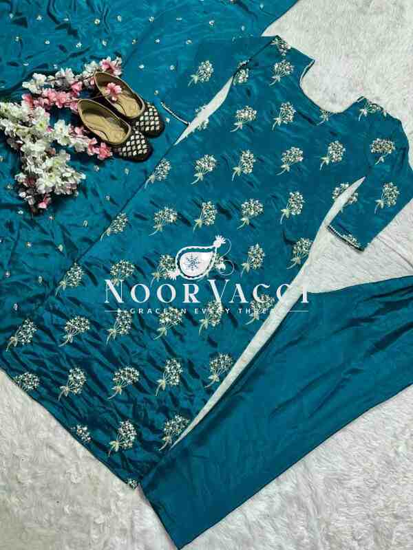Elegant Chinon Long Top, Pant & Dupatta Set with 5mm Sequence & Moti Latkan Work - Image 5