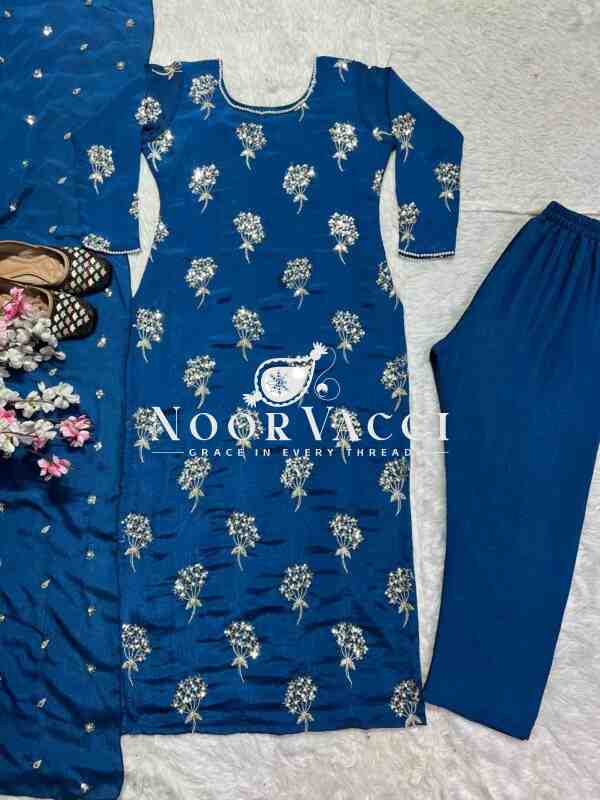 Elegant  Chinon Long Top, Pant & Dupatta Set with 5mm Sequence & Moti Latkan Work - Image 3