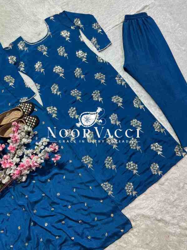 Elegant  Chinon Long Top, Pant & Dupatta Set with 5mm Sequence & Moti Latkan Work - Image 5