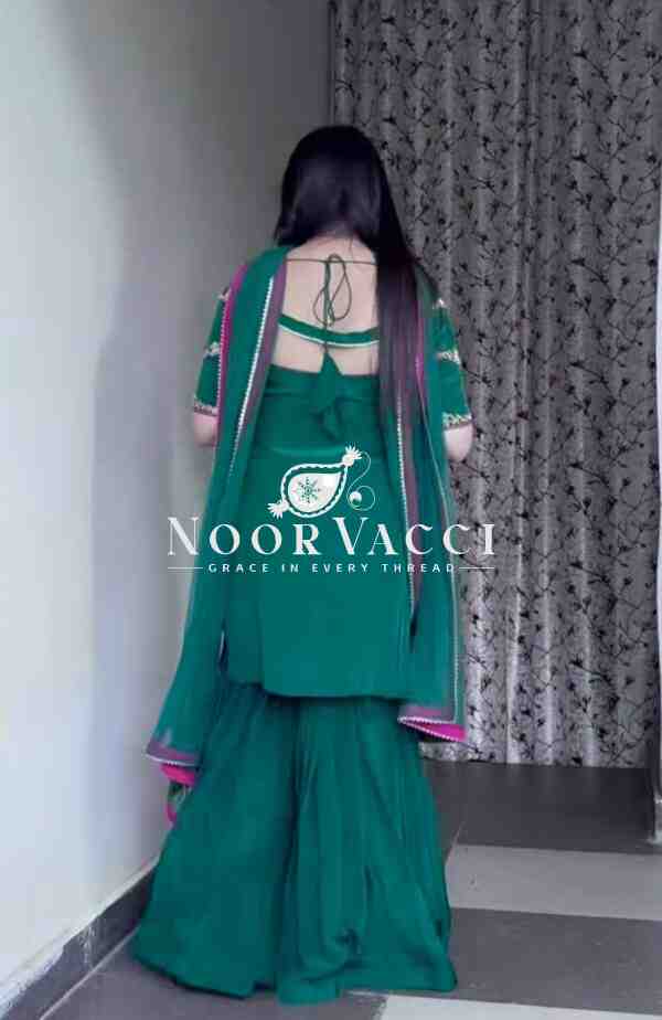 Natural Crepe Embroidered Sharara Plazzo Set with Net Dupatta – Stylish Festive Wear - Image 4