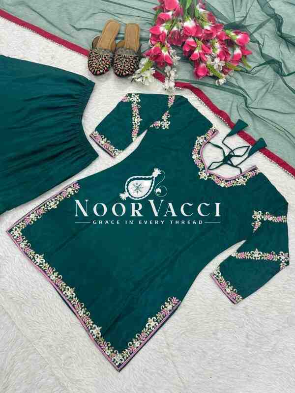 Natural Crepe Embroidered Sharara Plazzo Set with Net Dupatta – Stylish Festive Wear - Image 7