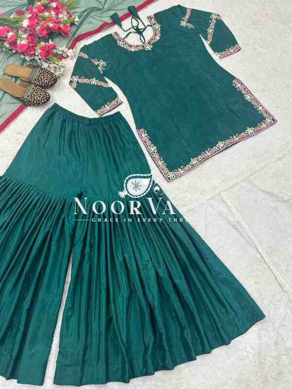 Natural Crepe Embroidered Sharara Plazzo Set with Net Dupatta – Stylish Festive Wear - Image 5