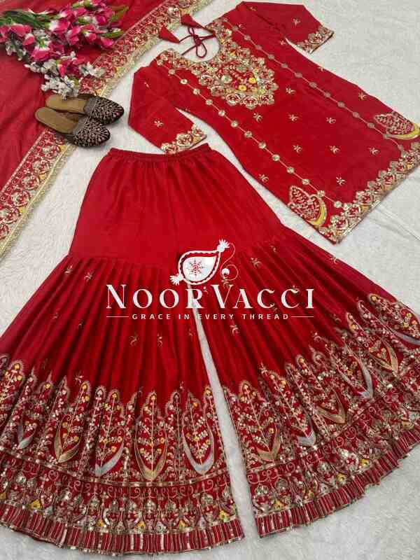 Chinon Silk Embroidered Sharara Plazo Set with Dupatta - Image 9