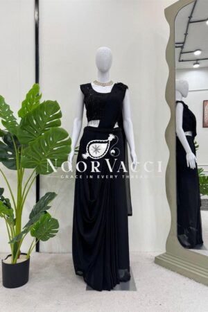 Shop Ready-to-Wear Faux Georgette Dhoti Style Outfit with Embroidered Waist Belt