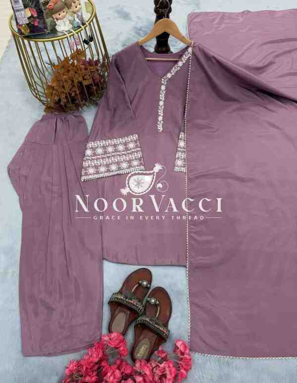 Natural Satin Embroidered Top with Farshi Plazzo and Dupatta Set - Image 2