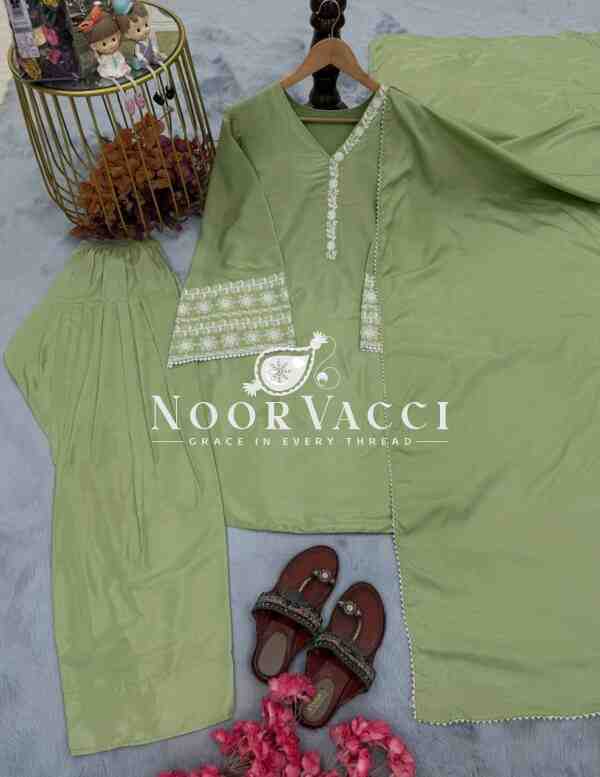 Natural Satin Embroidered Top with Farshi Plazzo and Dupatta Set - Image 2