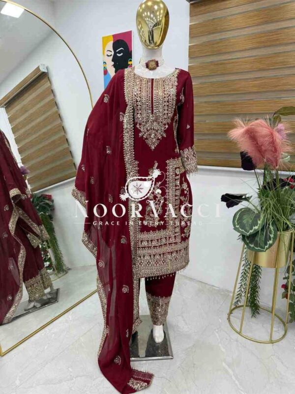 Shop Chinon Silk Embroidered Partywear Top with Pant and Dupatta - Image 3