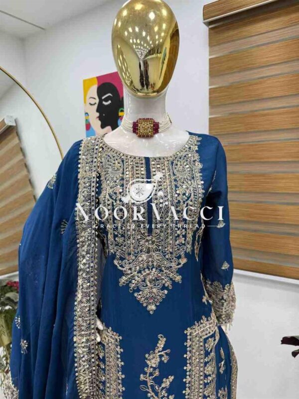 Buy Chinon Silk Embroidered Partywear Top with Pant and Dupatta - Image 3