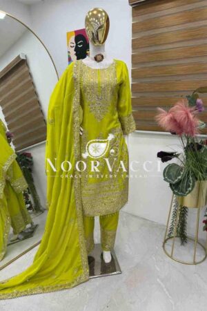 Shop Chinon Silk Embroidered Partywear Top with Pant and Dupatta
