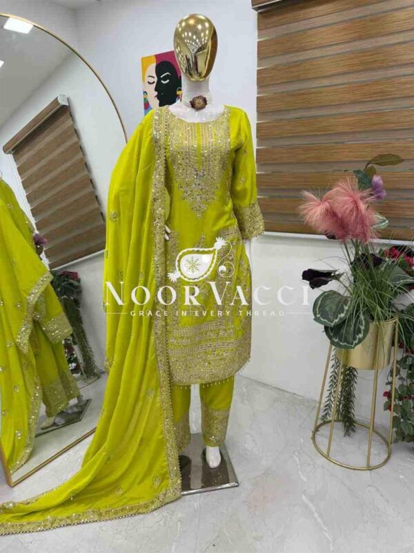 Shop Chinon Silk Embroidered Partywear Top with Pant and Dupatta