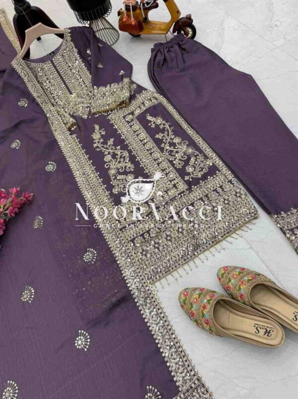Shop Chinon Silk Embroidered Partywear Top with Pant and Dupatta - Image 4