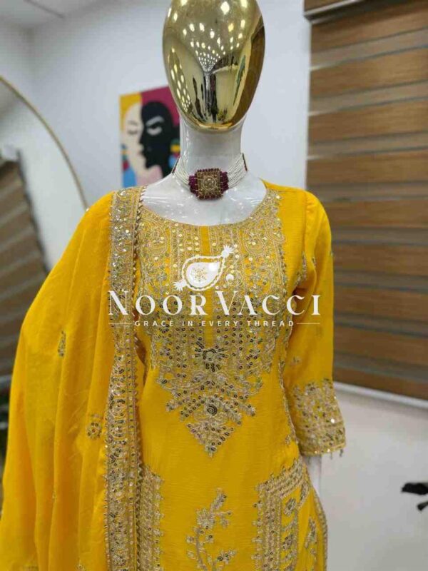 Buy Chinon Silk Embroidered Partywear Top with Pant and Dupatta - Image 2