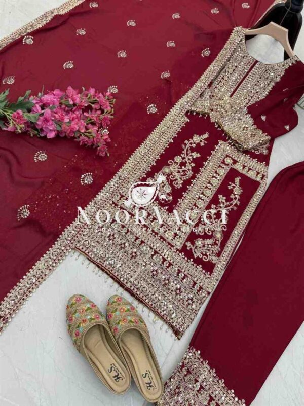 Shop Chinon Silk Embroidered Partywear Top with Pant and Dupatta - Image 5