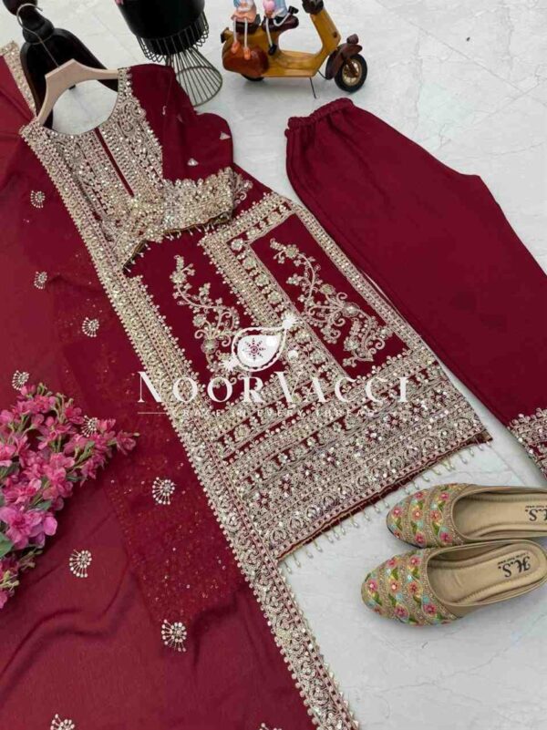 Shop Chinon Silk Embroidered Partywear Top with Pant and Dupatta - Image 6