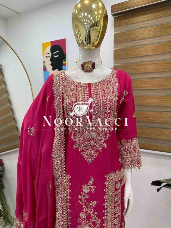 Buy Chinon Silk Embroidered Partywear Top with Pant and Dupatta - Image 3