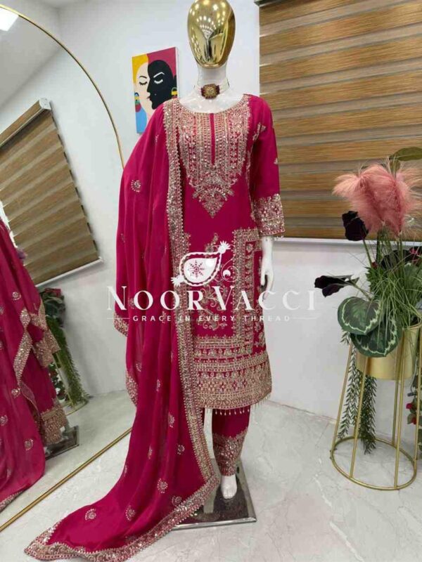 Buy Chinon Silk Embroidered Partywear Top with Pant and Dupatta - Image 2