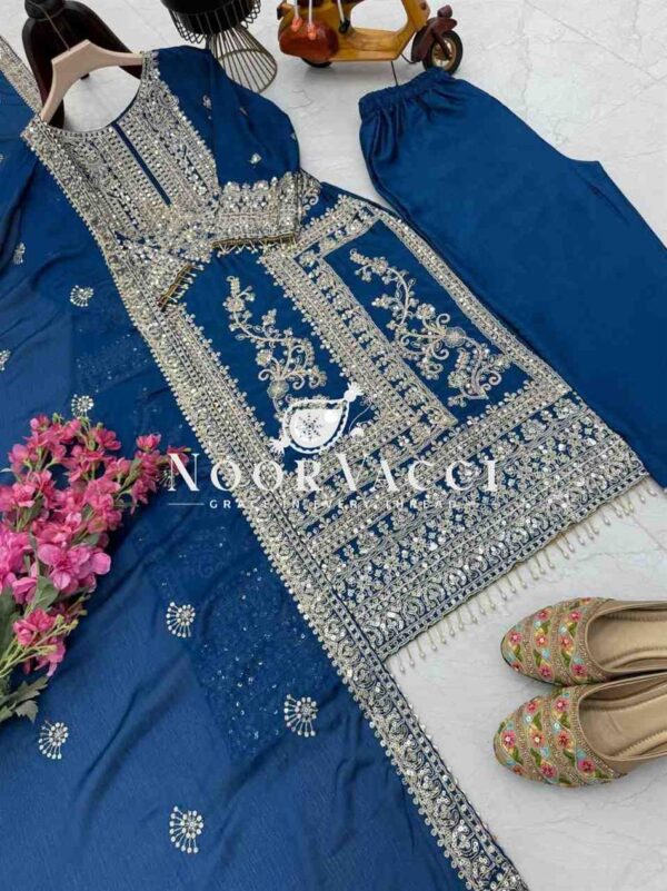 Buy Chinon Silk Embroidered Partywear Top with Pant and Dupatta - Image 4