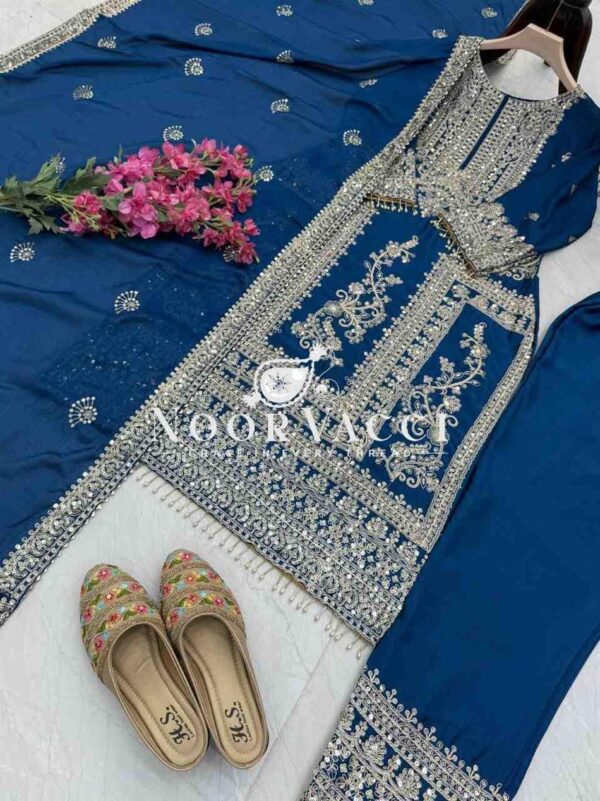 Buy Chinon Silk Embroidered Partywear Top with Pant and Dupatta - Image 5
