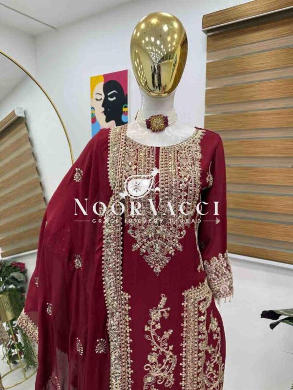 Shop Chinon Silk Embroidered Partywear Top with Pant and Dupatta - Image 4
