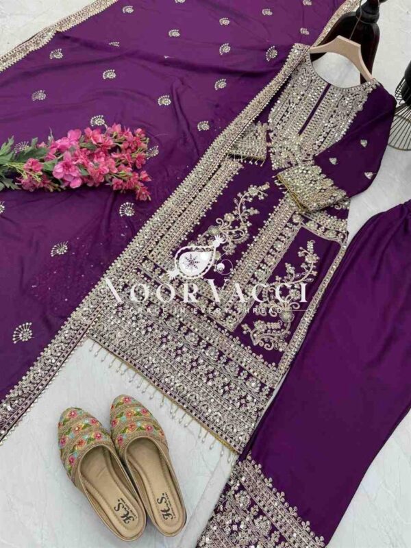 Buy Chinon Silk Embroidered Partywear Top with Pant and Dupatta - Image 5