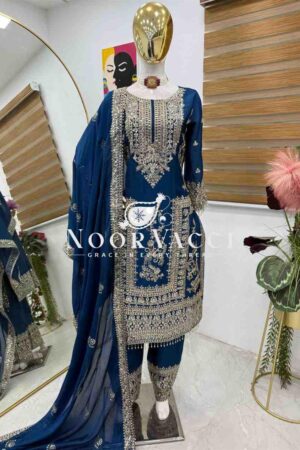 Buy Chinon Silk Embroidered Partywear Top with Pant and Dupatta
