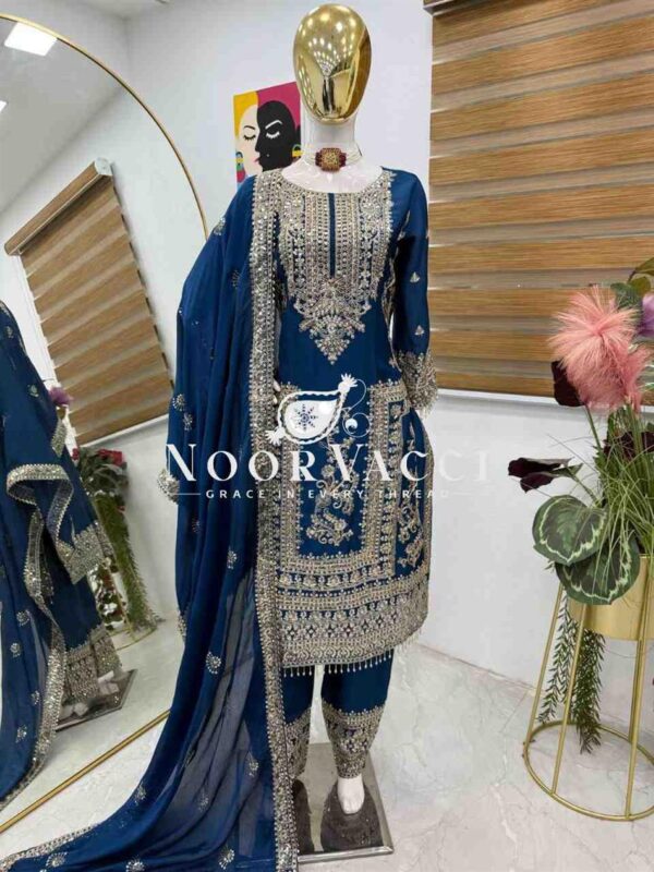 Buy Chinon Silk Embroidered Partywear Top with Pant and Dupatta