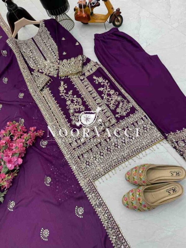 Buy Chinon Silk Embroidered Partywear Top with Pant and Dupatta - Image 4