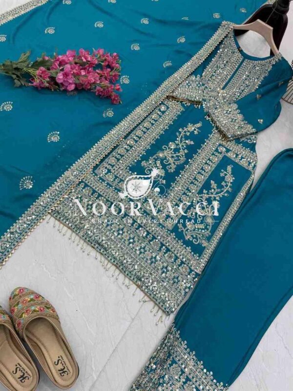 Buy Chinon Silk Embroidered Partywear Top with Pant and Dupatta - Image 3