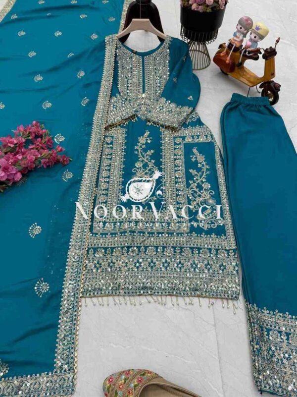 Buy Chinon Silk Embroidered Partywear Top with Pant and Dupatta - Image 4