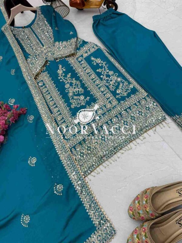 Buy Chinon Silk Embroidered Partywear Top with Pant and Dupatta - Image 5