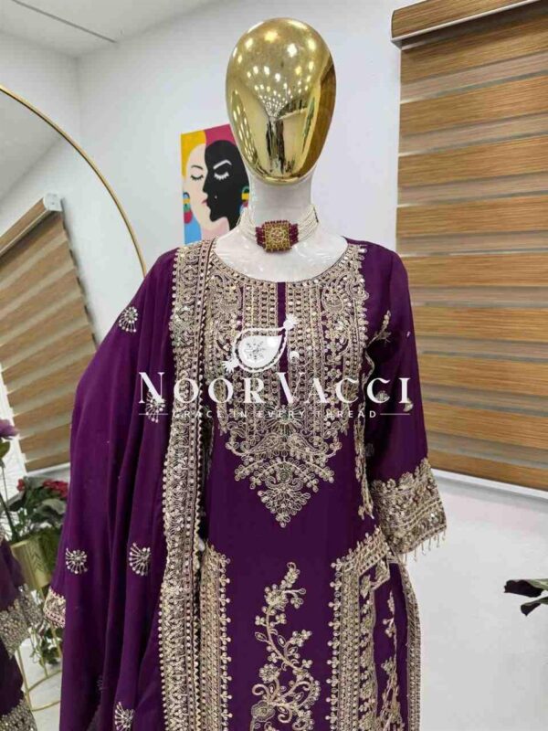 Buy Chinon Silk Embroidered Partywear Top with Pant and Dupatta - Image 3