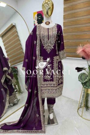 Buy Chinon Silk Embroidered Partywear Top with Pant and Dupatta