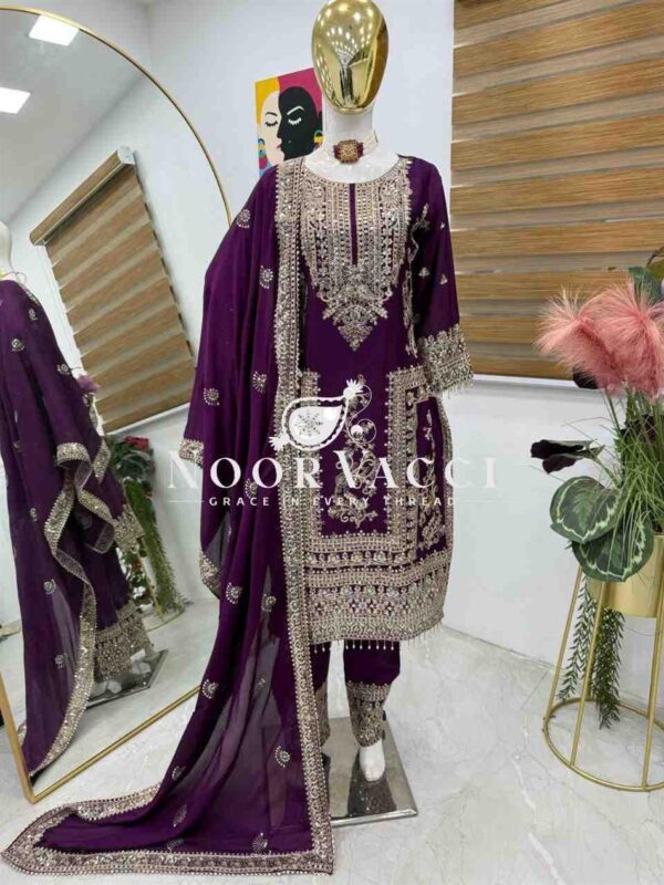 Buy Chinon Silk Embroidered Partywear Top with Pant and Dupatta
