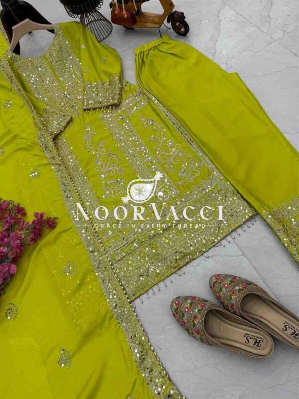 Shop Chinon Silk Embroidered Partywear Top with Pant and Dupatta - Image 4