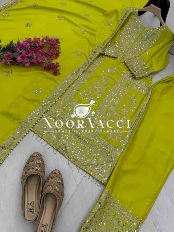 Shop Chinon Silk Embroidered Partywear Top with Pant and Dupatta - Image 5