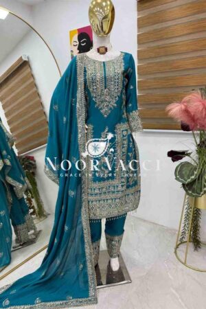 Buy Chinon Silk Embroidered Partywear Top with Pant and Dupatta