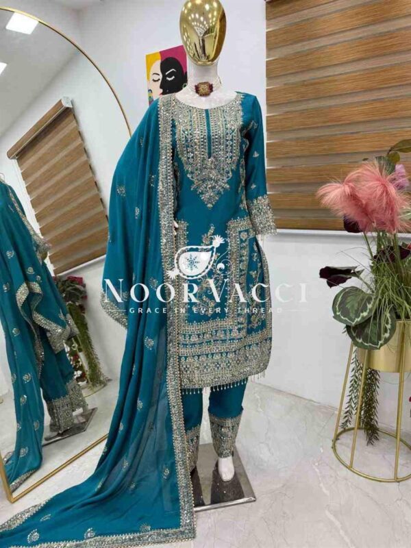 Buy Chinon Silk Embroidered Partywear Top with Pant and Dupatta
