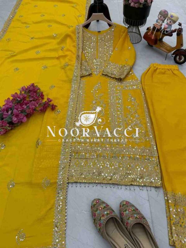 Buy Chinon Silk Embroidered Partywear Top with Pant and Dupatta - Image 4