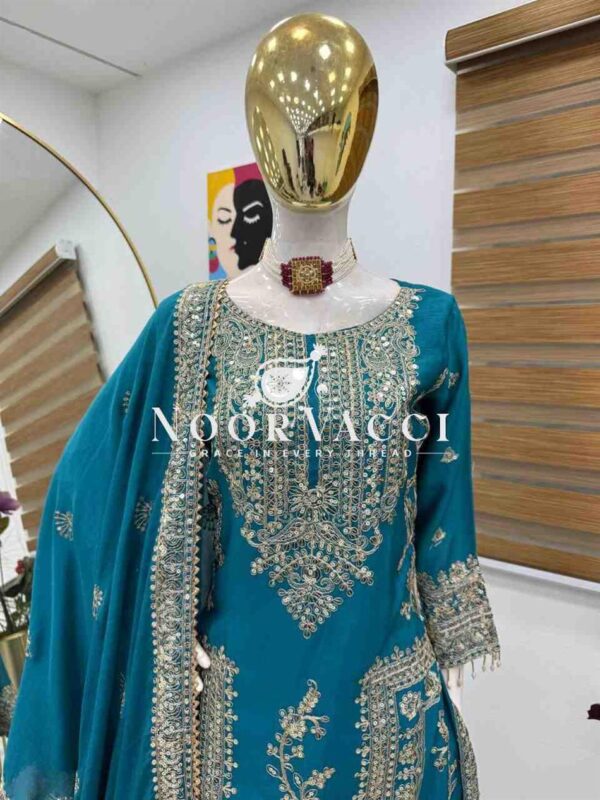 Buy Chinon Silk Embroidered Partywear Top with Pant and Dupatta - Image 2
