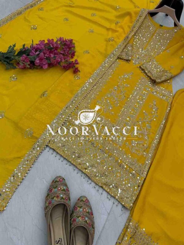 Buy Chinon Silk Embroidered Partywear Top with Pant and Dupatta - Image 5