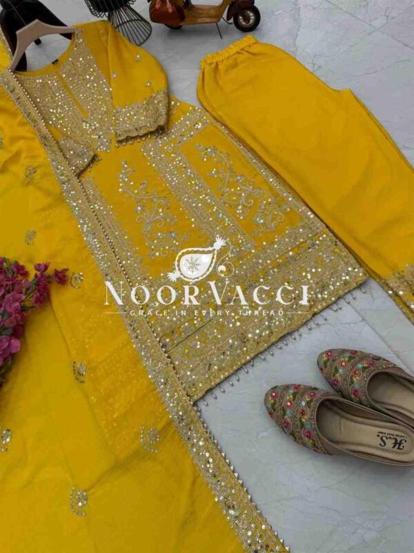 Buy Chinon Silk Embroidered Partywear Top with Pant and Dupatta - Image 6