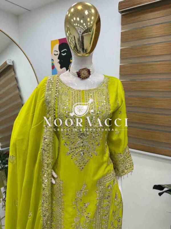 Shop Chinon Silk Embroidered Partywear Top with Pant and Dupatta - Image 3