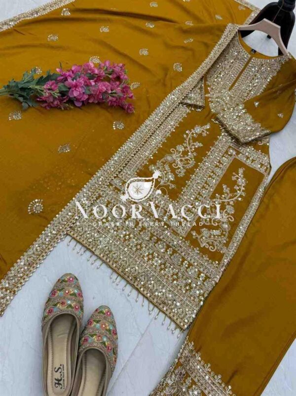Shop Chinon Silk Embroidered Partywear Top with Pant and Dupatta - Image 6