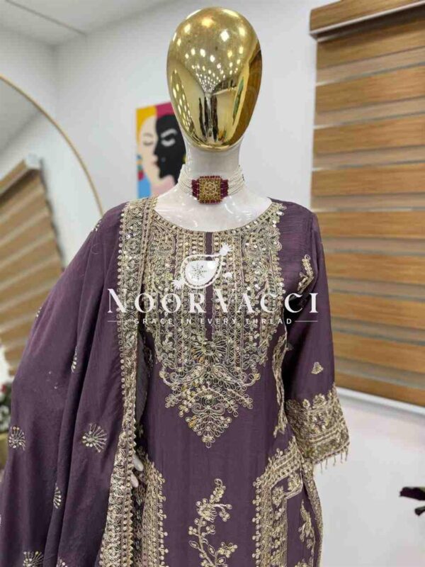 Shop Chinon Silk Embroidered Partywear Top with Pant and Dupatta - Image 3